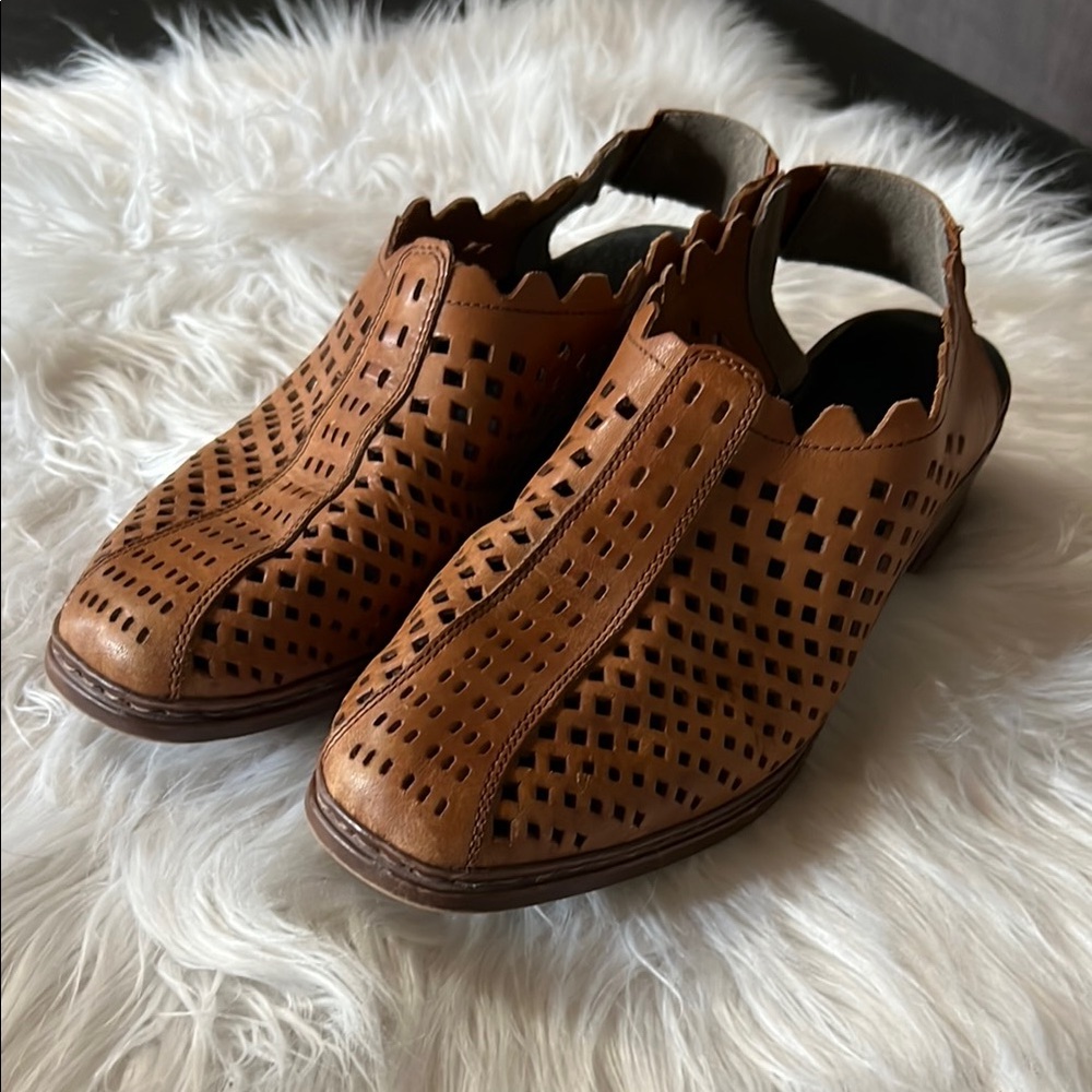 Rieker brown laser cut mules with heel strap size eu41